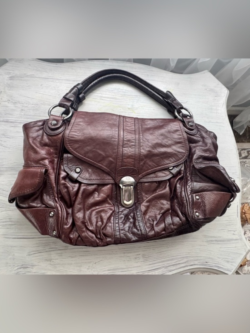 Francesco Biasia Brown Distressed Leather Satchel Shoulder Bag Italy